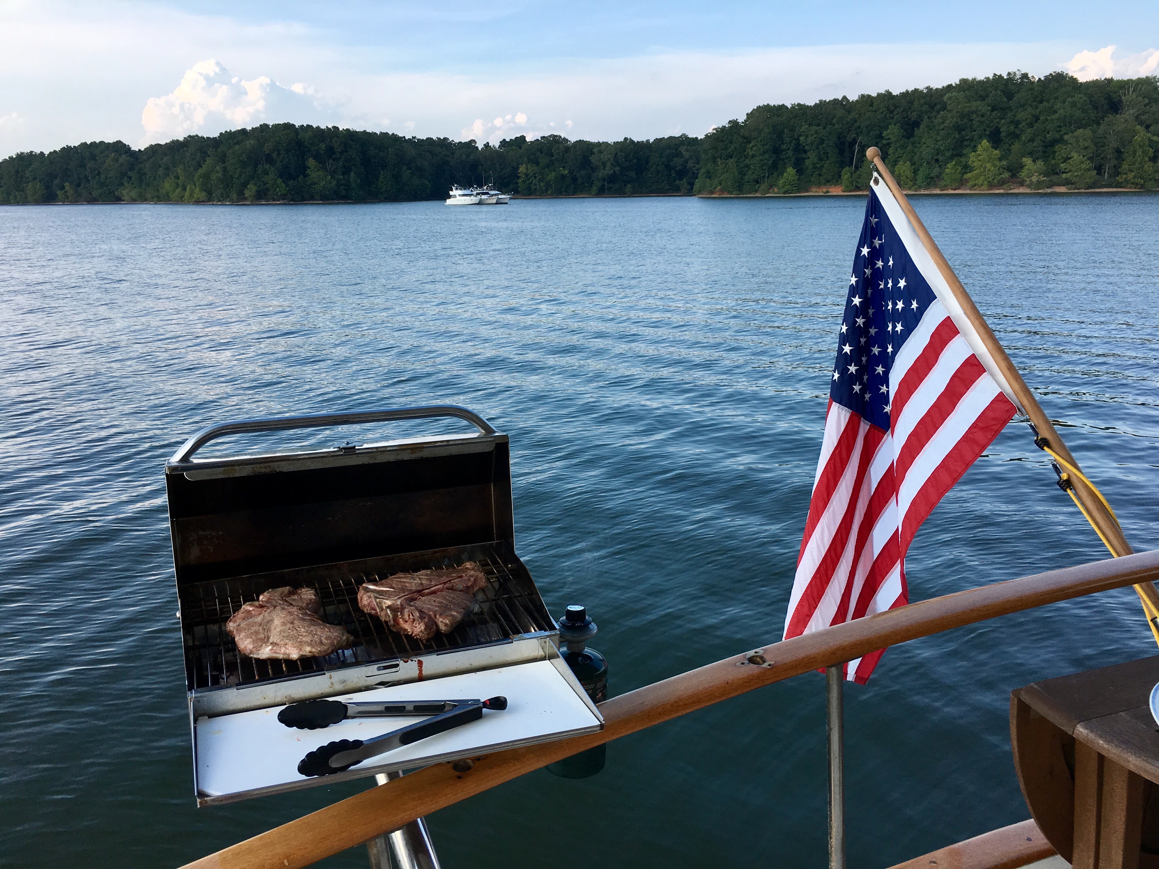 The rail-mounted grill ready for dinner underway.