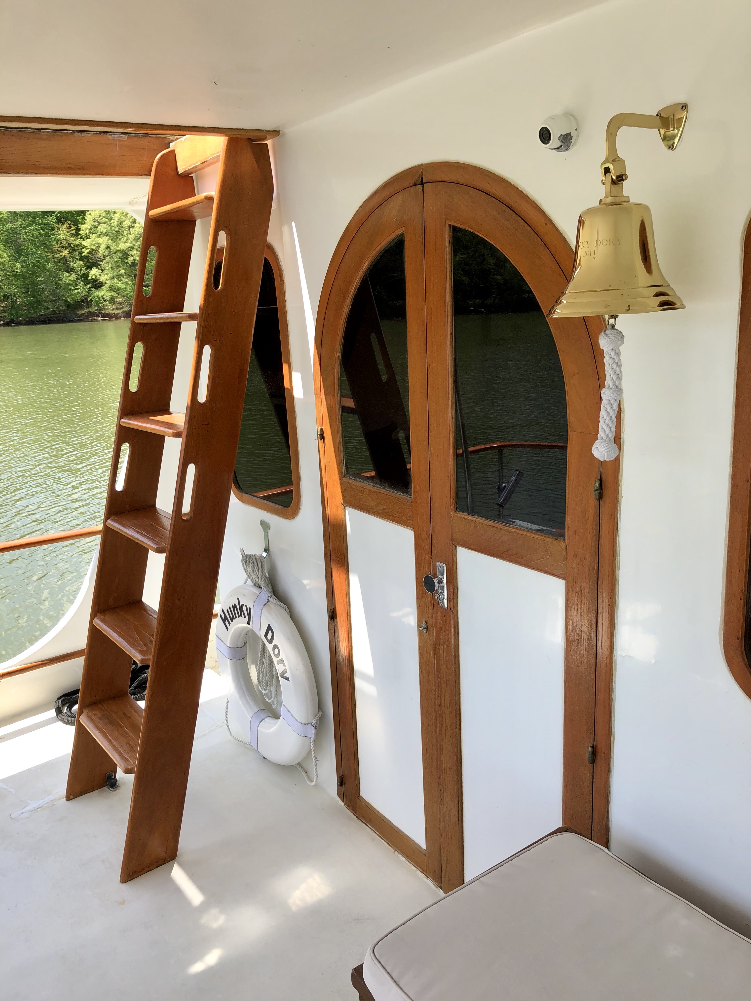 The windlass and anchor chain at the bow.